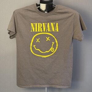Nirvana Smiley Face Shirt Mens Small Gray Gildan Graphic Band Music‎ Logo Tee